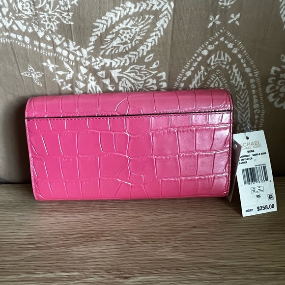 NWT MICHAEL MICHAEL KORS Croco Embossed Mona Large E/W Clutch in Camila Rose - Picture 8 of 11